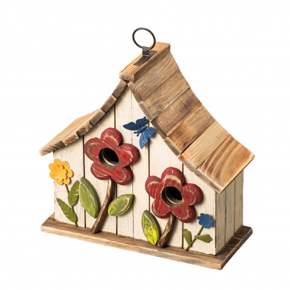 Glitzhome Glitzhome 10.5"H Washed White Distressed Solid Wood Two-Story Townhouse Garden Birdhouse With 3D Flowers