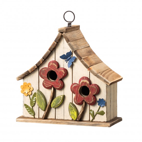 glitzhome Glitzhome 10.5"H Washed White Distressed Solid Wood Two-Story Townhouse Garden Birdhouse with 3D Flowers