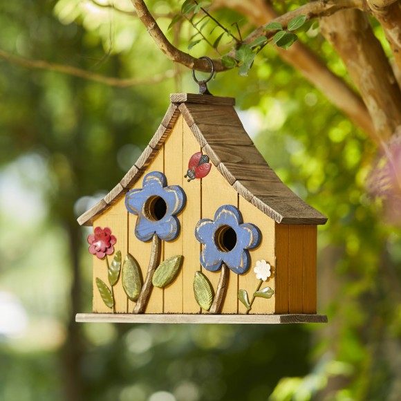 Glitzhome Glitzhome 10.5"H Washed Yellow Distressed Solid Wood Two-Story Townhouse Garden Birdhouse With 3D Flowers