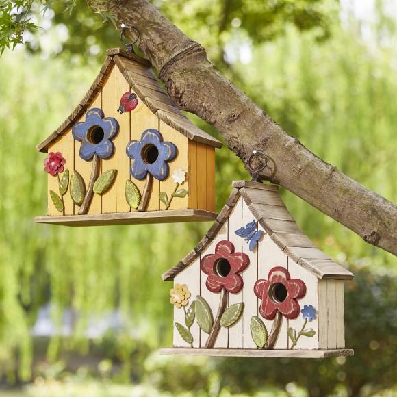 Glitzhome Glitzhome 10.5"H Washed Yellow Distressed Solid Wood Two-Story Townhouse Garden Birdhouse With 3D Flowers