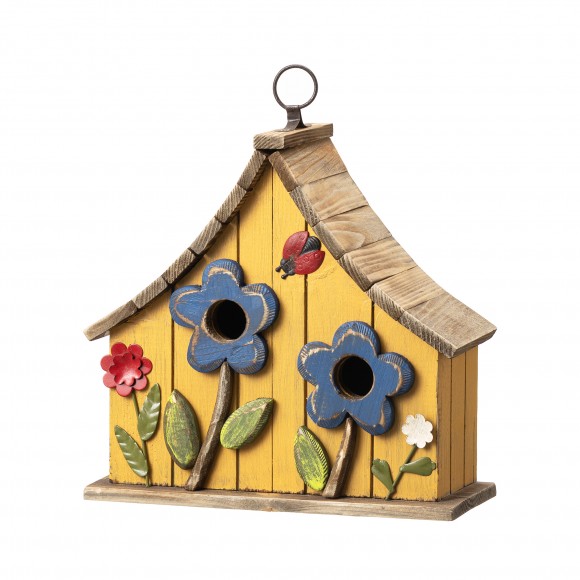 glitzhome Glitzhome 10.5"H Washed Yellow Distressed Solid Wood Two-Story Townhouse Garden Birdhouse with 3D Flowers