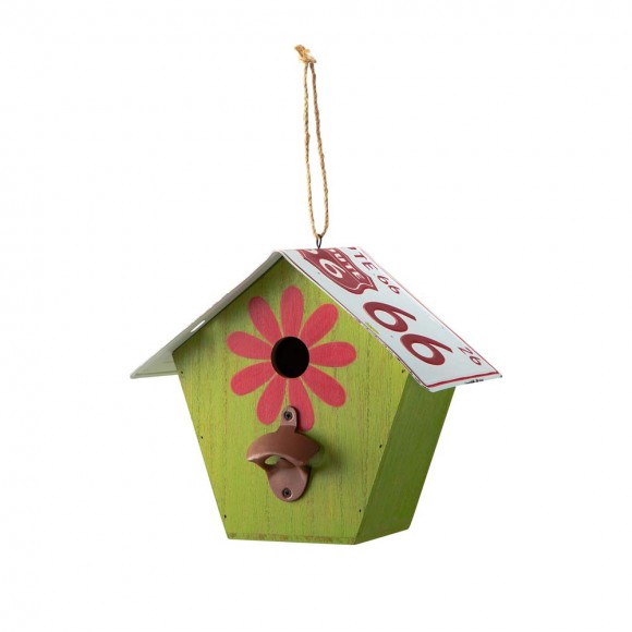 glitzhome Glitzhome 10.75"L Washed Green Wood and Metal Birdhouse with Unique Licence Plate Roof