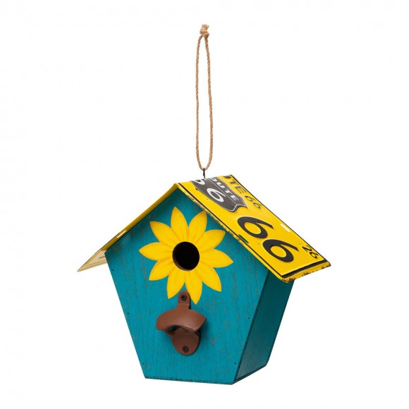 glitzhome Glitzhome 10.75"L Wood/Metal Light Blue Birdhouse with Licence Plate Roof