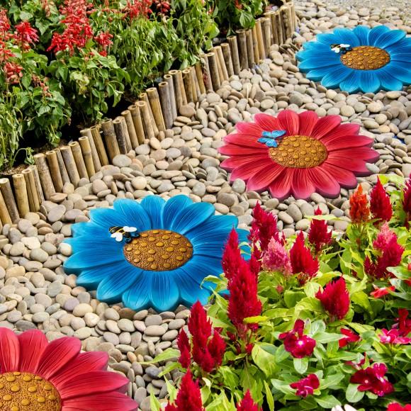 Glitzhome Glitzhome 10"D Set Of 2 Cement Flower Style And Textured Stepping Stones With Butterfly And Bee