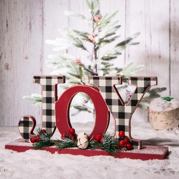 Glitzhome Glitzhome 11.42"L Christmas Wooden Plaid "JOY" Table Decor