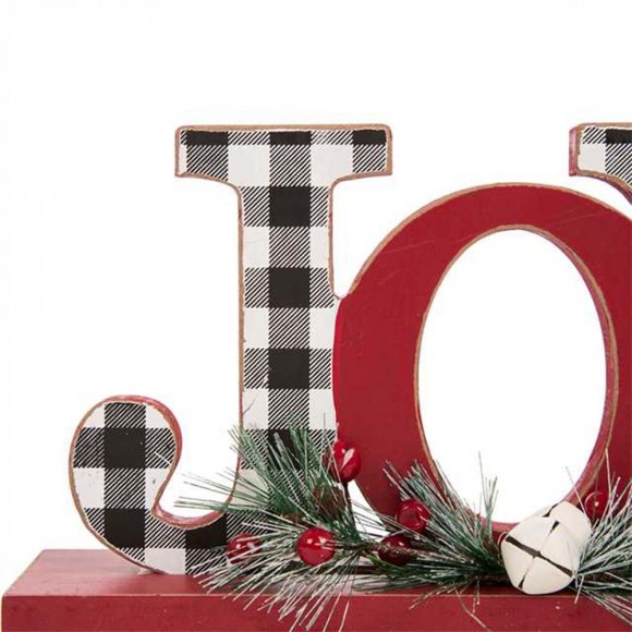 Glitzhome Glitzhome 11.42"L Christmas Wooden Plaid "JOY" Table Decor