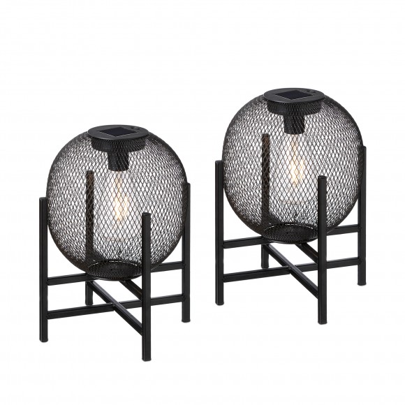 glitzhome Glitzhome 11.5"H Set of 2 Black Metal Mesh Solar Powered Edison Bulb Outdoor Lantern with Stand