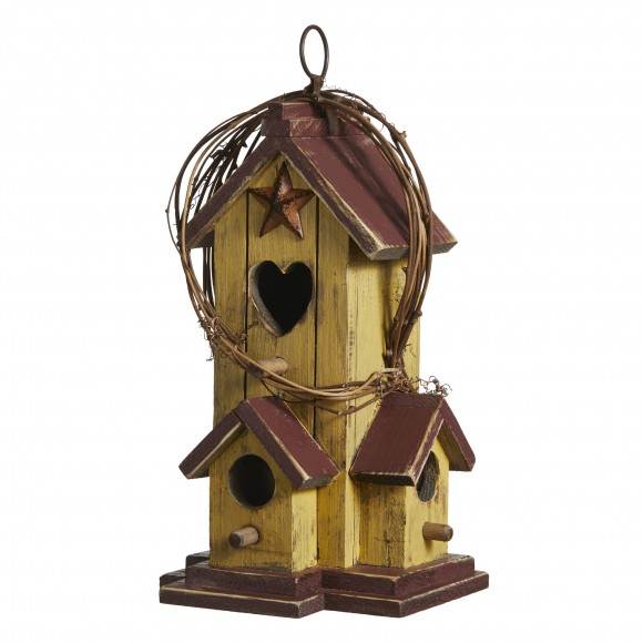 Glitzhome Glitzhome 11.5"H Washed Yellow Distressed Solid Wood Cottage Decorative Outdoor Garden Birdhouse With Rattan