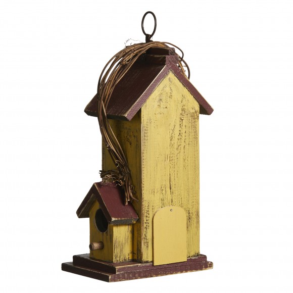 Glitzhome Glitzhome 11.5"H Washed Yellow Distressed Solid Wood Cottage Decorative Outdoor Garden Birdhouse With Rattan