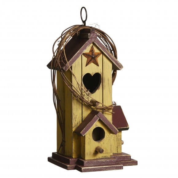 glitzhome Glitzhome 11.5"H Washed Yellow Distressed Solid Wood Cottage Decorative Outdoor Garden Birdhouse with Rattan