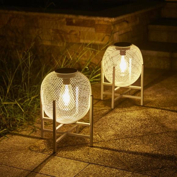 Glitzhome Glitzhome 11.5"H White Metal Mesh Solar Powered Outdoor Lantern With Stand Set Of 2