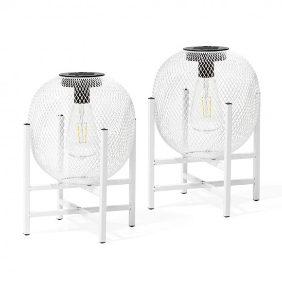 glitzhome Glitzhome 11.5"H White Metal Mesh Solar Powered Outdoor Lantern with Stand Set of 2