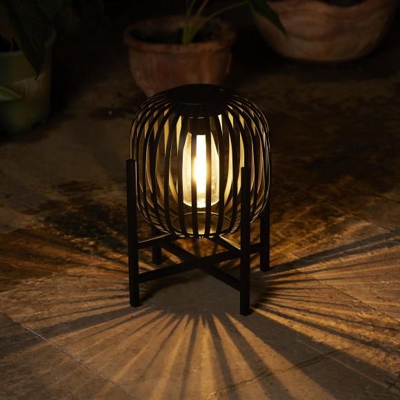 Glitzhome Glitzhome 11.50"H Black Metal Stripes Solar Powered Edison Bulb Outdoor Lantern With Stand