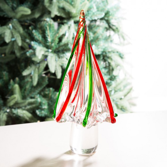 Glitzhome Glitzhome 11.61"H Red/Green Table Decor Striped Glass Christmas Tree