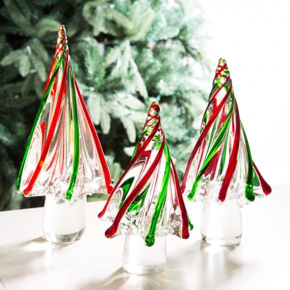 Glitzhome Glitzhome 11.61"H Red/Green Table Decor Striped Glass Christmas Tree
