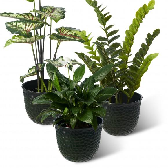 Glitzhome Glitzhome 11.75"D Set Of 3 Honeycomb Textured Green Faux Ceramic Pot Plastic Planter