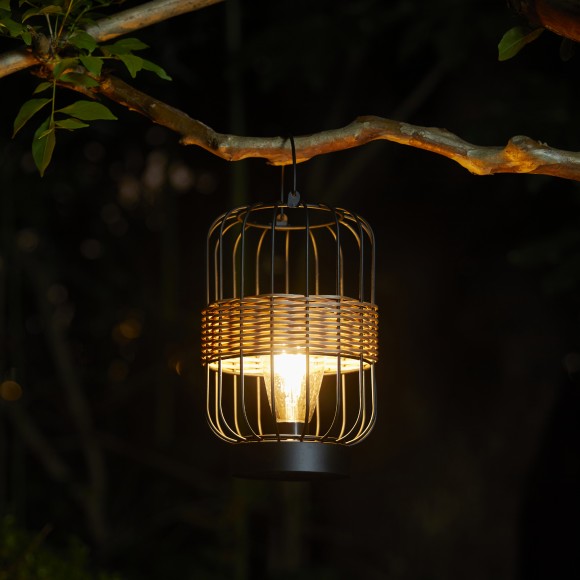 Glitzhome Glitzhome 11.75"H Metal Wire Faux Rattan Solar Powered Outdoor Lantern With Edison Bulb And Handle