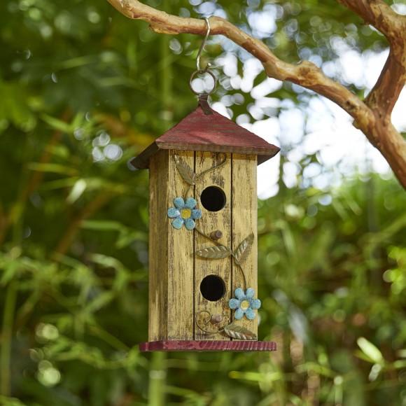 Glitzhome Glitzhome 11.75"H Washed Yellow Distressed Solid Wood Cottage Decorative Outdoor Garden Birdhouse With 3D Metal Flower
