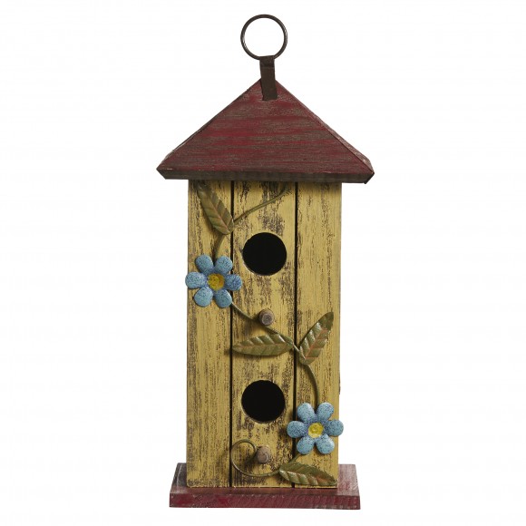 Glitzhome Glitzhome 11.75"H Washed Yellow Distressed Solid Wood Cottage Decorative Outdoor Garden Birdhouse With 3D Metal Flower