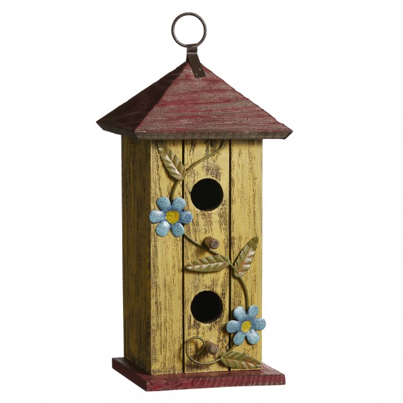 Glitzhome Glitzhome 11.75"H Washed Yellow Distressed Solid Wood Cottage Decorative Outdoor Garden Birdhouse With 3D Metal Flower