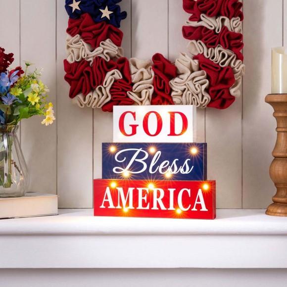 Glitzhome Glitzhome 11.75"L God Bless America Sign Wooden Patriotic Tiered Block With LED Lights