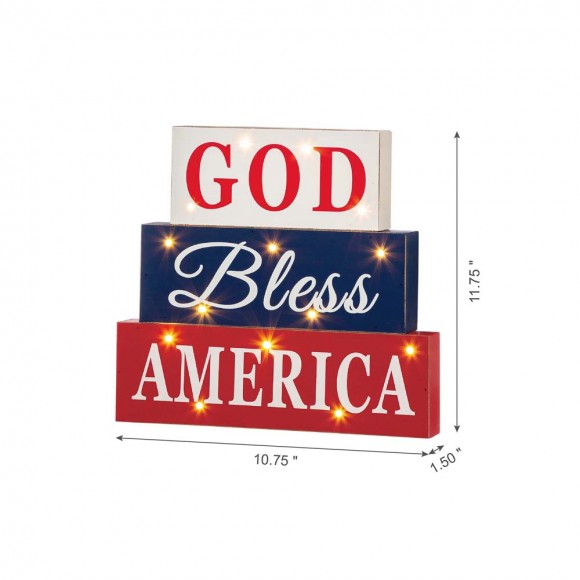 Glitzhome Glitzhome 11.75"L God Bless America Sign Wooden Patriotic Tiered Block With LED Lights