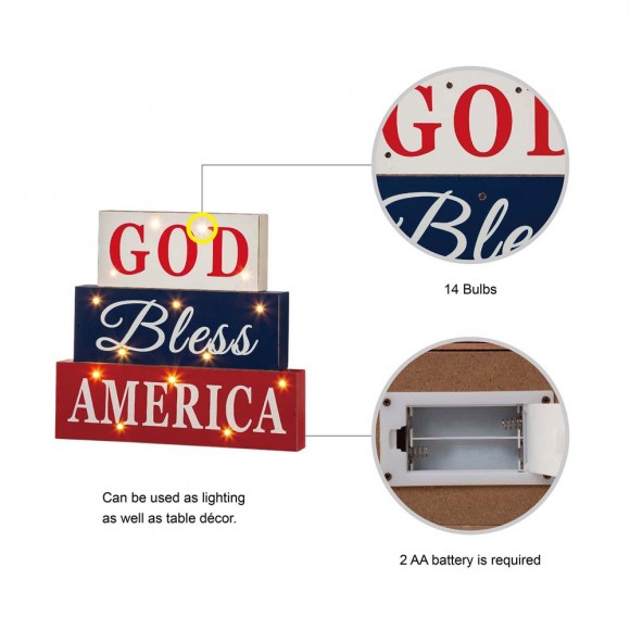 Glitzhome Glitzhome 11.75"L God Bless America Sign Wooden Patriotic Tiered Block With LED Lights