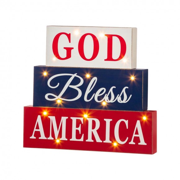 glitzhome Glitzhome 11.75"L God Bless America Sign Wooden Patriotic Tiered Block with LED Lights
