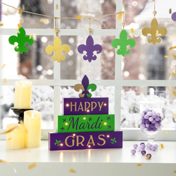 Glitzhome Glitzhome 11.75"L Lighted Mardi Gras Wooden Fleur-de-Lis Block Table Sign