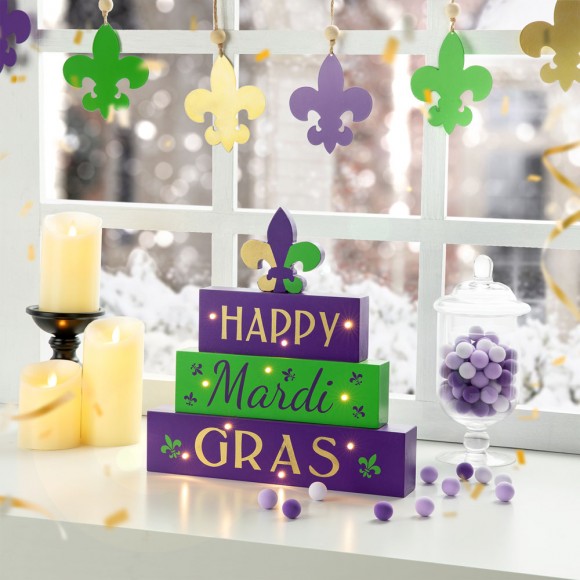 Glitzhome Glitzhome 11.75"L Lighted Mardi Gras Wooden Fleur-de-Lis Block Table Sign