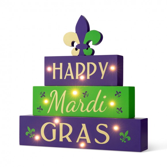 glitzhome Glitzhome 11.75"L Lighted Mardi Gras Wooden Fleur-de-Lis Block Table Sign