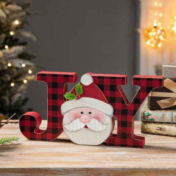 Glitzhome Glitzhome 11.75"L Wooden Christmas Plaid "JOY " Table Decor