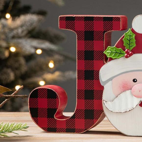 Glitzhome Glitzhome 11.75"L Wooden Christmas Plaid "JOY " Table Decor