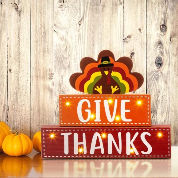 Glitzhome Glitzhome 11.81"L Thanksgiving Wooden Lighted Turkey/Word Block Table Decor