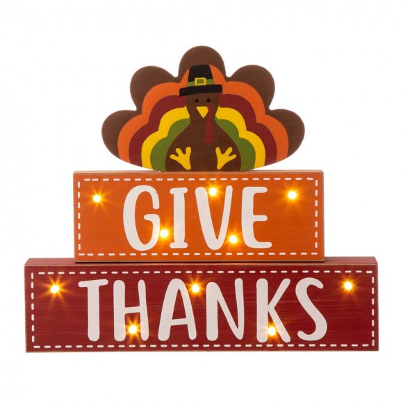 Glitzhome Glitzhome 11.81"L Thanksgiving Wooden Lighted Turkey/Word Block Table Decor