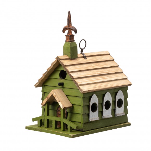 Glitzhome Glitzhome 11"H Oversized Washed Green Distressed Solid Wood Church Decorative Outdoor Garden Birdhouse(KD)