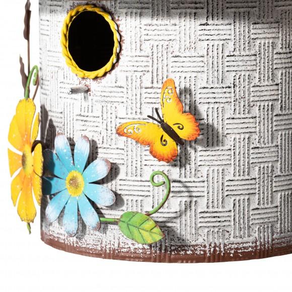 Glitzhome Glitzhome 11"H Stylish Distressed Metal Cottage Decorative Birdhouse With A Cluster Of 3D Flowers And Butterfly