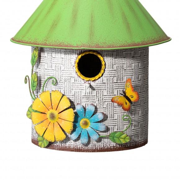 Glitzhome Glitzhome 11"H Stylish Distressed Metal Cottage Decorative Birdhouse With A Cluster Of 3D Flowers And Butterfly