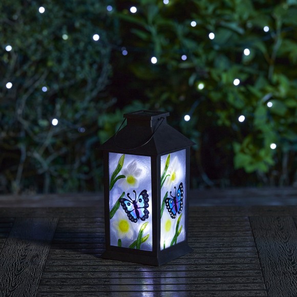 Glitzhome Glitzhome 11"H Stylish Textured Glass With Butterfly And Flower Pattern Solar Powered Hanging Lantern (KD)