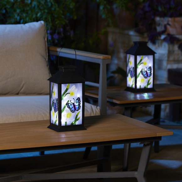 Glitzhome Glitzhome 11"H Stylish Textured Glass With Butterfly And Flower Pattern Solar Powered Hanging Lantern (KD)
