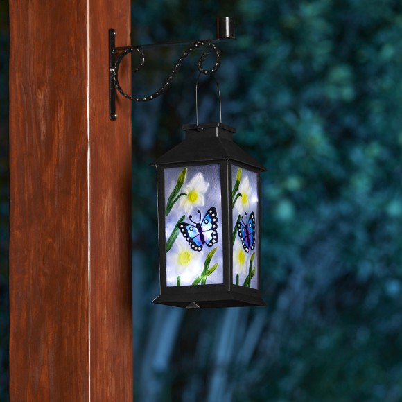 Glitzhome Glitzhome 11"H Stylish Textured Glass With Butterfly And Flower Pattern Solar Powered Hanging Lantern (KD)