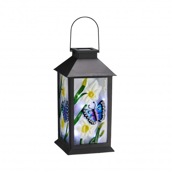 glitzhome Glitzhome 11"H Stylish Textured Glass with Butterfly and Flower Pattern Solar Powered Hanging Lantern (KD)