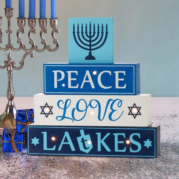 Glitzhome Glitzhome 11"L Hanukkah LED Lighted Wooden/Metal Block Word Sign Decor(8 Bulbs)