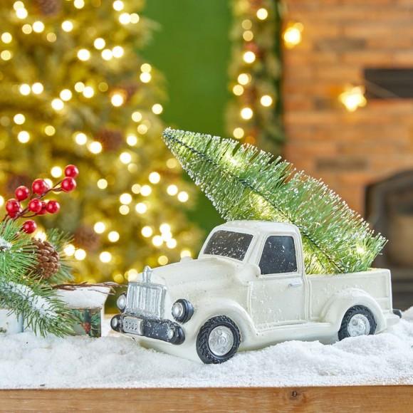 Glitzhome Glitzhome 11"L White Pickup Truck Table Decor With Lighted Decorated Trees