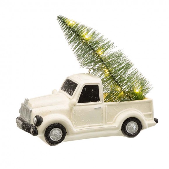 glitzhome Glitzhome 11"L White Pickup Truck Table Decor with Lighted Decorated trees
