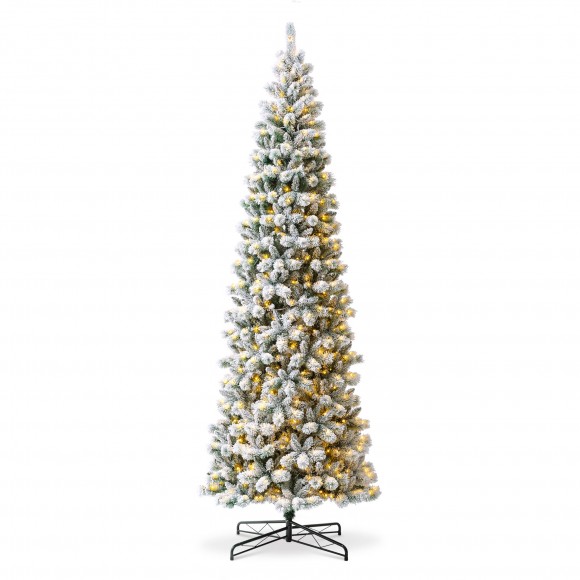 glitzhome Glitzhome 11ft Pre-Lit Flocked Pencil Green Pine Artificial Christmas Pencil Tree with 700 LED Lights & Remote Controller 9 Functional