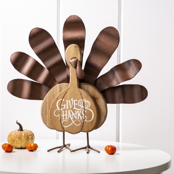Glitzhome Glitzhome 12.28" L Wooden Metal Turkey Table Decor Thanksgiving Decorative
