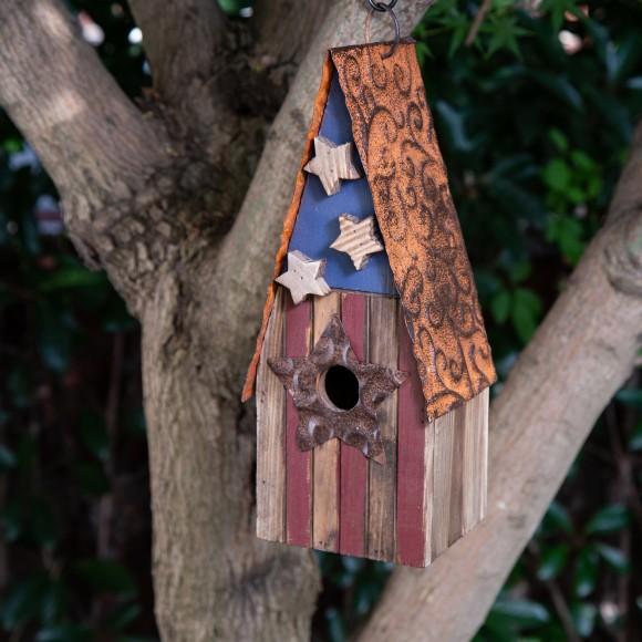 Glitzhome Glitzhome 12.4 Inch Height Wooden Patriotic Distressed Garden Birdhouse With Stars