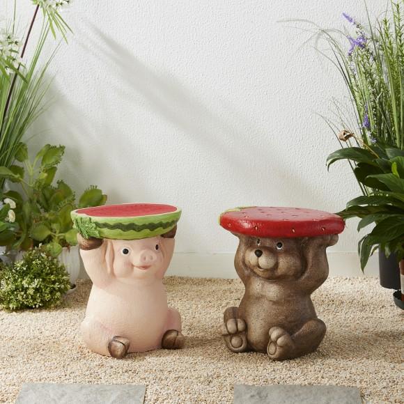 Glitzhome Glitzhome 12.5"H MGO Novelty Bear Hold A Strawberry Decorative Garden Stool Or Planter Stand
