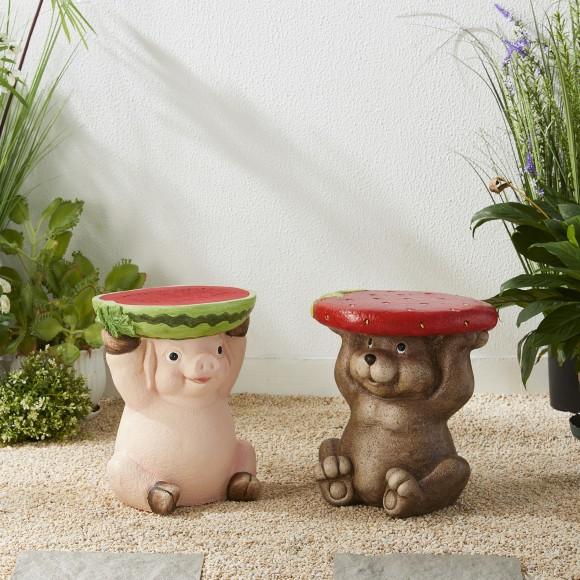 Glitzhome Glitzhome 12.5"H MGO Novelty Pig Hold A Watermelon Decorative Garden Stool Or Planter Stand